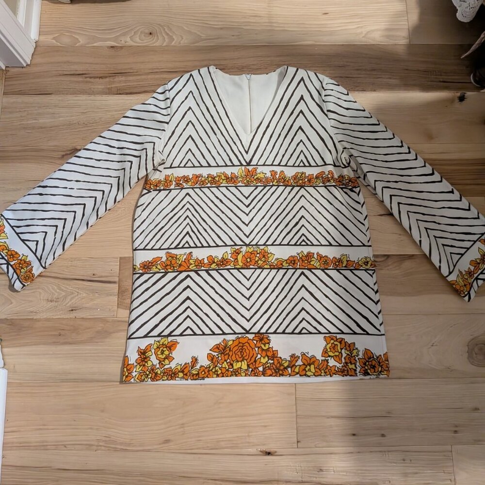 Vintage 1970s Women's Zipper Blouse Floral Striped Fall Long Sleeves M